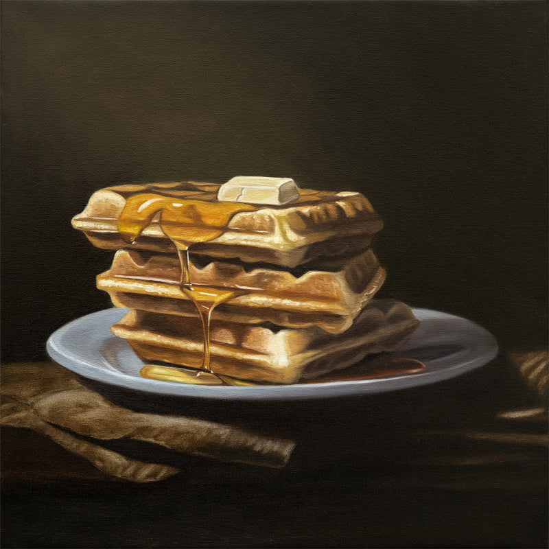 This artwork features a triple stack of freshly made waffles with a generous portion of maple syrup and a dollop of butter on top.