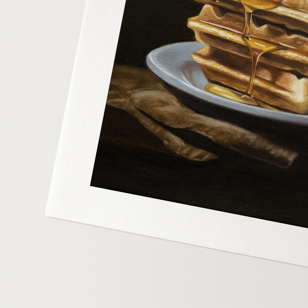 This artwork features a triple stack of freshly made waffles with a generous portion of maple syrup and a dollop of butter on top.