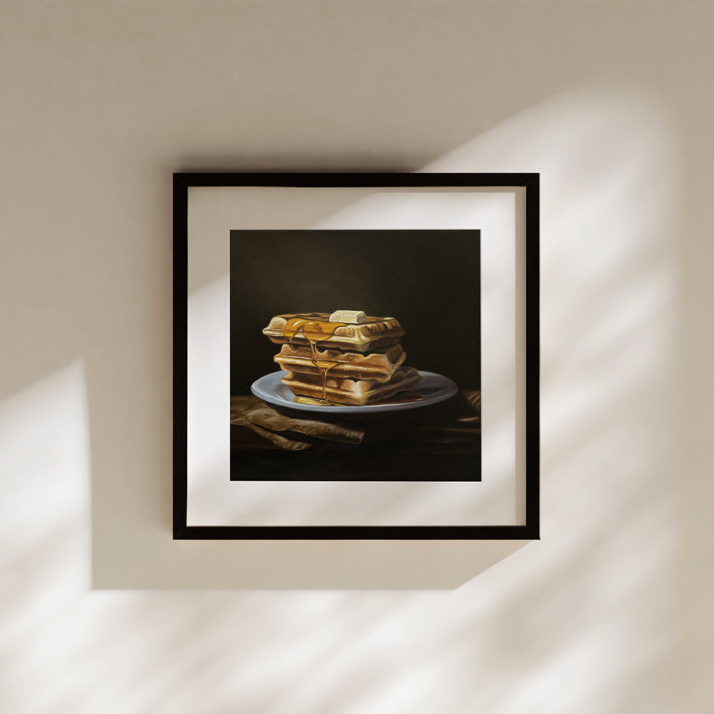 This artwork features a triple stack of freshly made waffles with a generous portion of maple syrup and a dollop of butter on top.