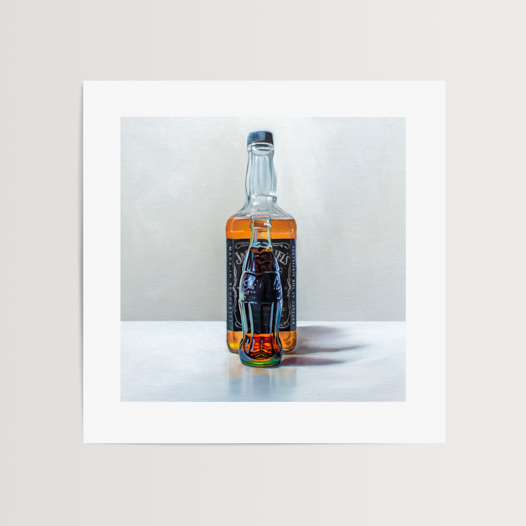 This artwork features a glass bottle of cola sitting in front of a bottle of whiskey.