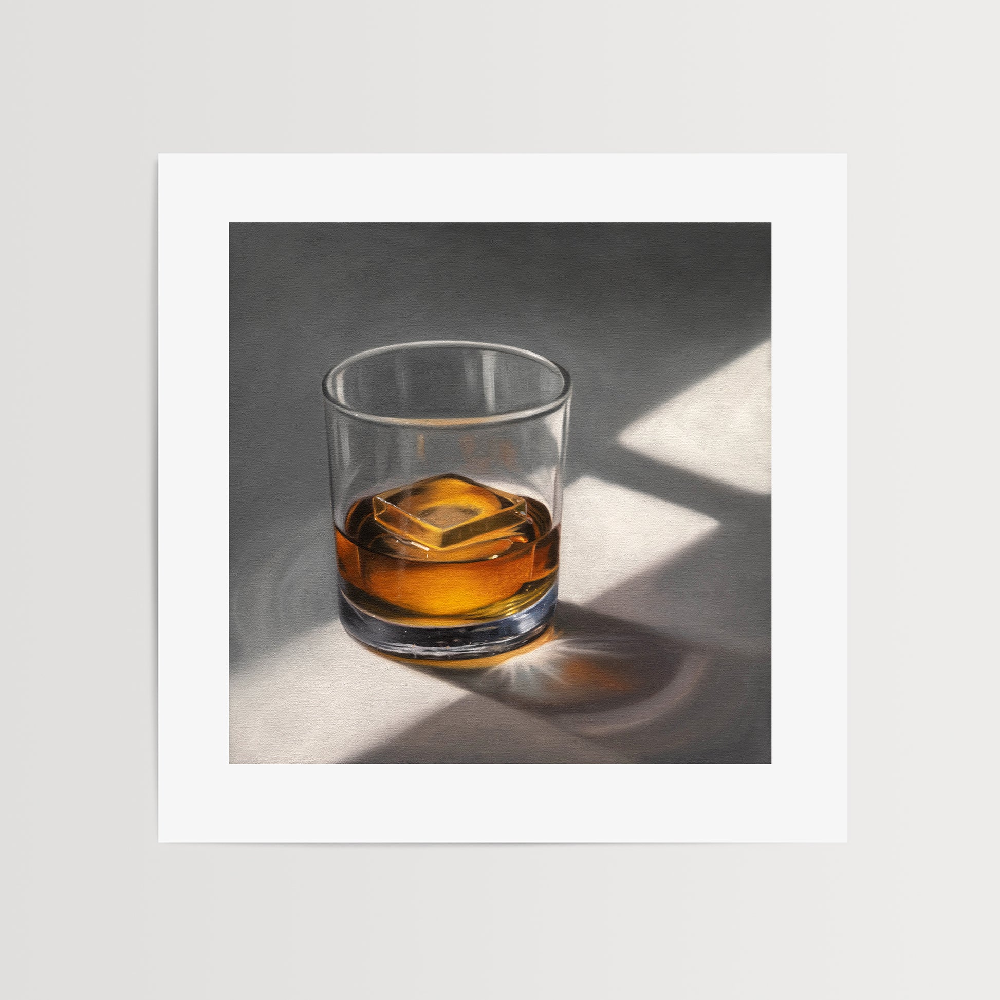 This artwork features a glass of whiskey with a single clear ice cube resting on a neutral surface with dramatic lighting from a window.