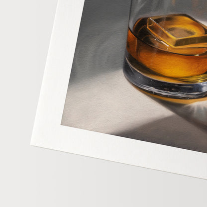 This artwork features a glass of whiskey with a single clear ice cube resting on a neutral surface with dramatic lighting from a window.