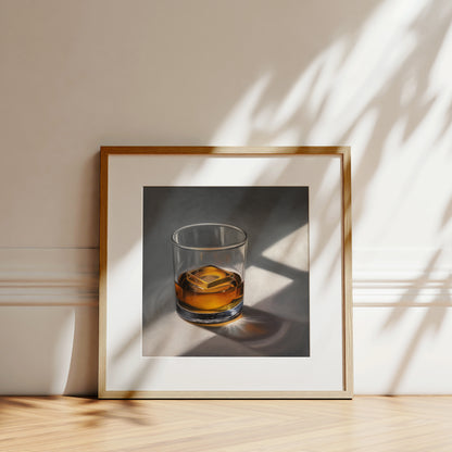 This artwork features a glass of whiskey with a single clear ice cube resting on a neutral surface with dramatic lighting from a window.