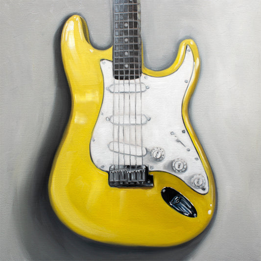 This artwork features a close up view of a bright yellow Stratocaster Guitar resting on a light grey surface.