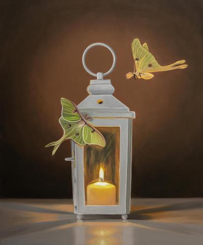 Luna Moths & Lantern 24 x 20 Original Oil Painting