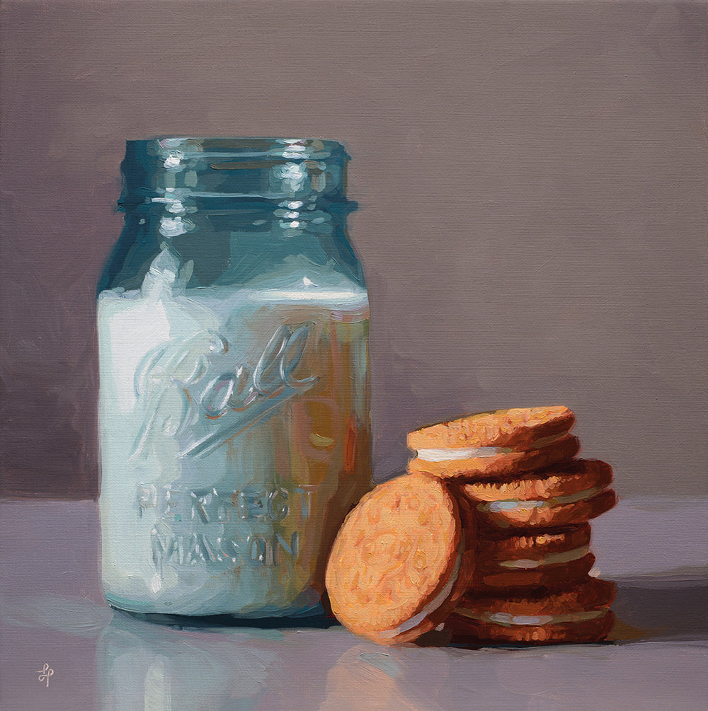 A still life painting of a blue glass Ball mason jar filled with white milk or cream, standing beside a stack of golden-brown sandwich cookies on a gray surface against a muted gray background.
