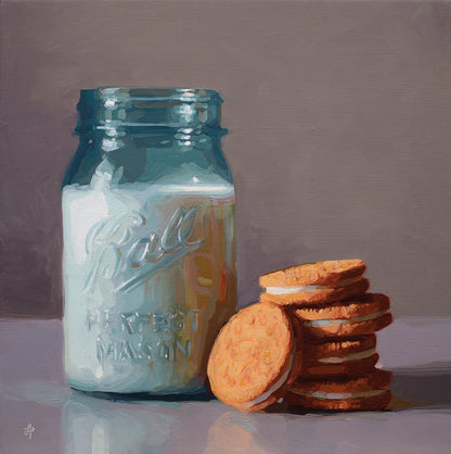 A still life painting of a blue glass Ball mason jar filled with white milk or cream, standing beside a stack of golden-brown sandwich cookies on a gray surface against a muted gray background.