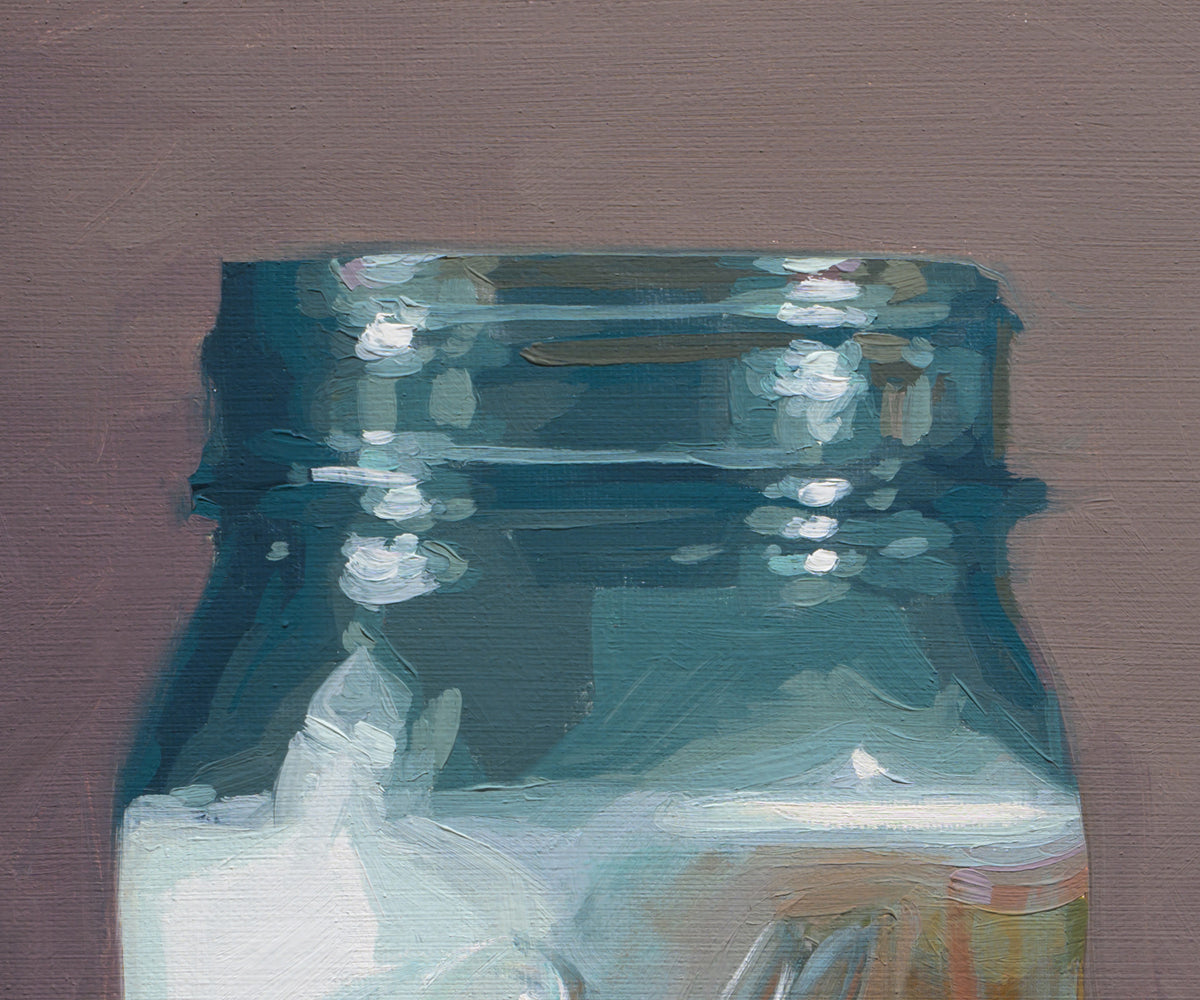 An oil painting of a glass mason jar, rendered in shades of teal, blue, and white, set against a solid taupe-brown background.