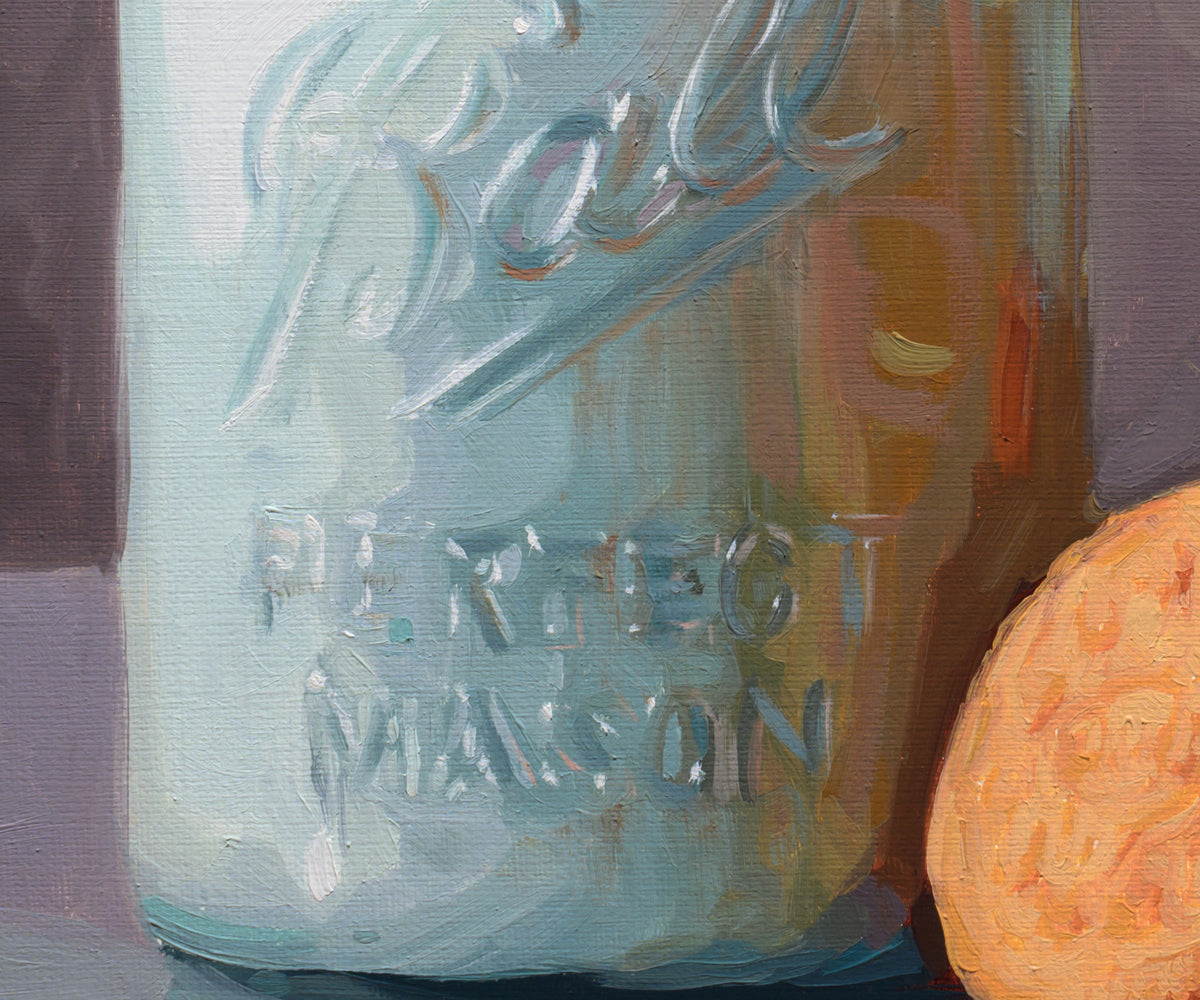 An oil painting of a vintage Ball Perfect Mason jar in light blue, with a textured orange sphere on the right and a dark gray background.