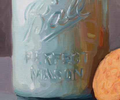 An oil painting of a vintage Ball Perfect Mason jar in light blue, with a textured orange sphere on the right and a dark gray background.