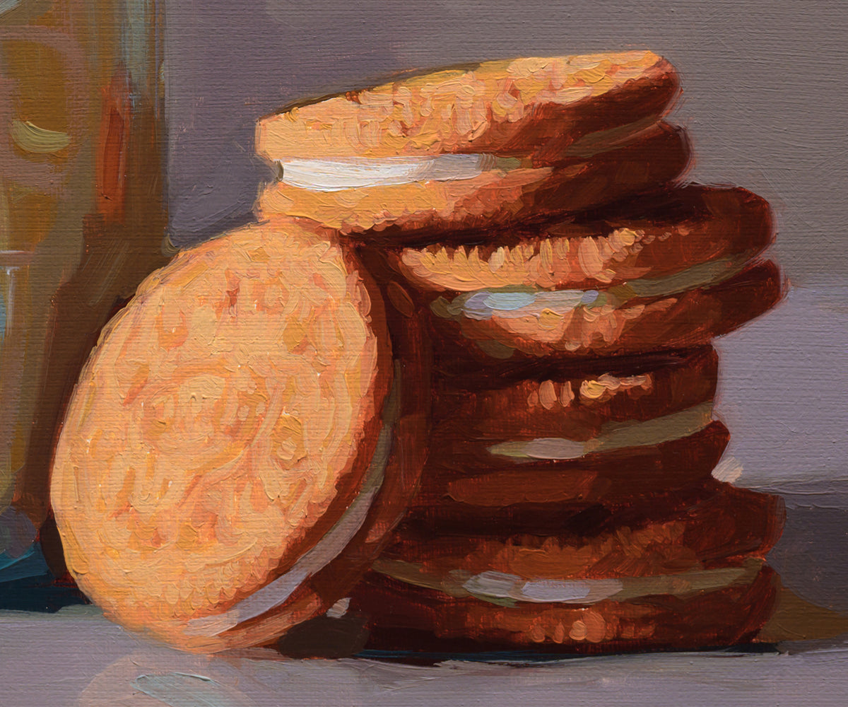 A still life painting of several sandwich cookies stacked and leaning, rendered in warm orange, brown, and cream tones against a muted gray background.