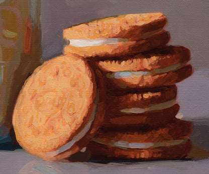 A still life painting of several sandwich cookies stacked and leaning, rendered in warm orange, brown, and cream tones against a muted gray background.