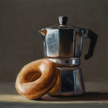Donut & Moka Pot | 12" x 12" Original Oil Painting