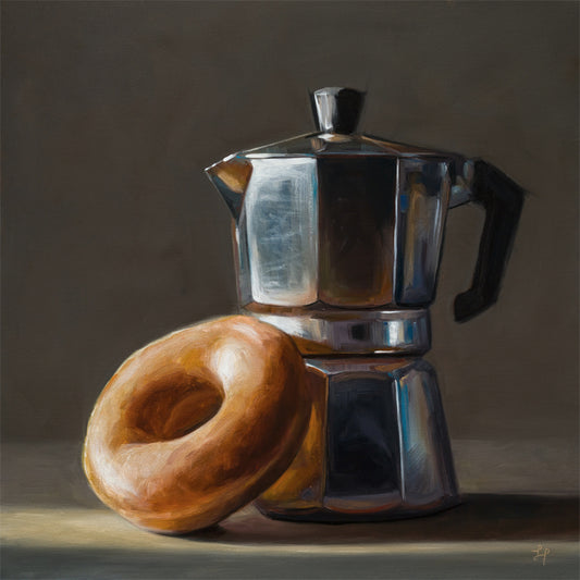 Donut & Moka Pot | 12" x 12" Original Oil Painting