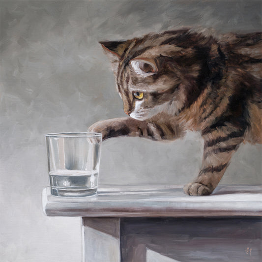 Cat & Water Glass | 12" x 12" Original Oil Painting