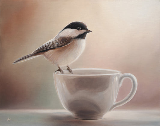 Chickadee & Cup | 14" x 11" Original Oil Painting
