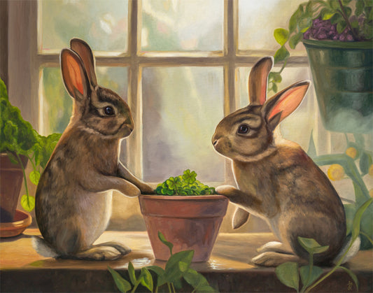 Rabbits & Four Leaf Clovers | 20" x 16" Original Oil Painting