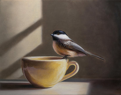 Chickadee & Yellow Cup | 14" x 11" Original Oil Painting