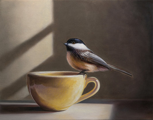 Chickadee & Yellow Cup | 14" x 11" Original Oil Painting