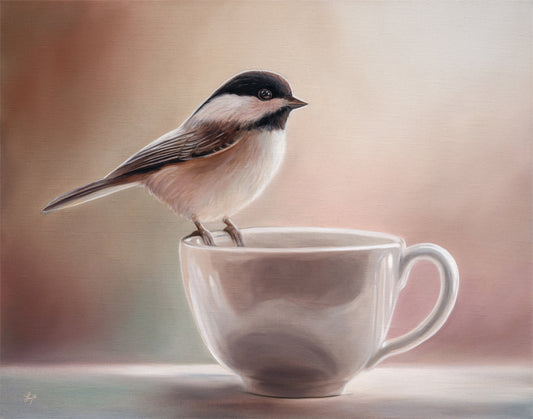 Chickadee & Cup | 14" x 11" Original Oil Painting