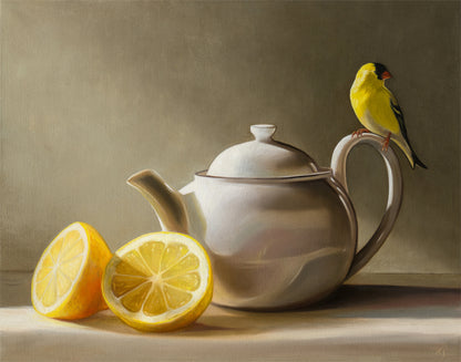 Goldfinch & Teapot | 14" x 11" Original Oil Painting