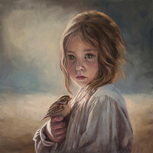 Girl with Sparrow | 12" x 12" Original Oil Painting