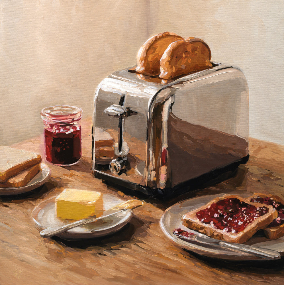 A still life painting of a chrome toaster with two slices of toast, a jar of jam, butter on a plate, and more toast with jam spread on a wooden table.