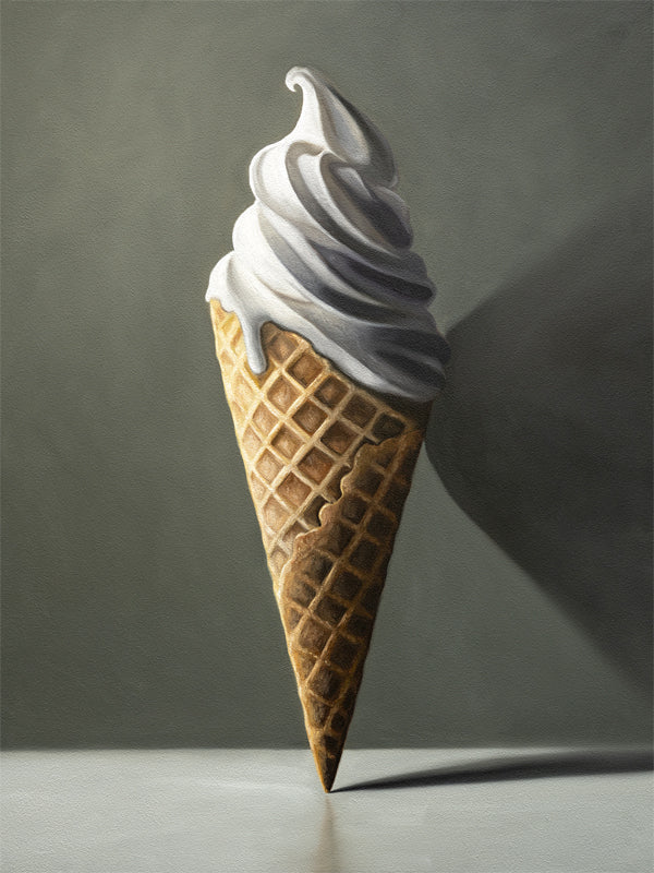 The artwork features a waffle cone packed with a plentiful portion of creamy vanilla ice cream.