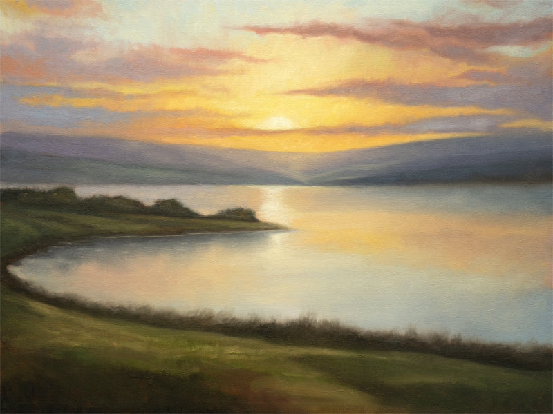 The artwork features a view of a lake landscape during a tranquil summer dawn.