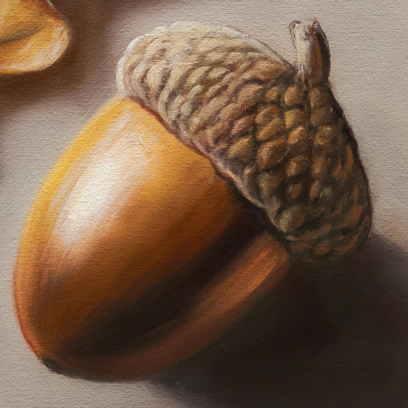Acorn & Oak Leaf 8" x 8" Original Oil Painting by Lauren Pretorius: an oak leaf and acorn on a beige background