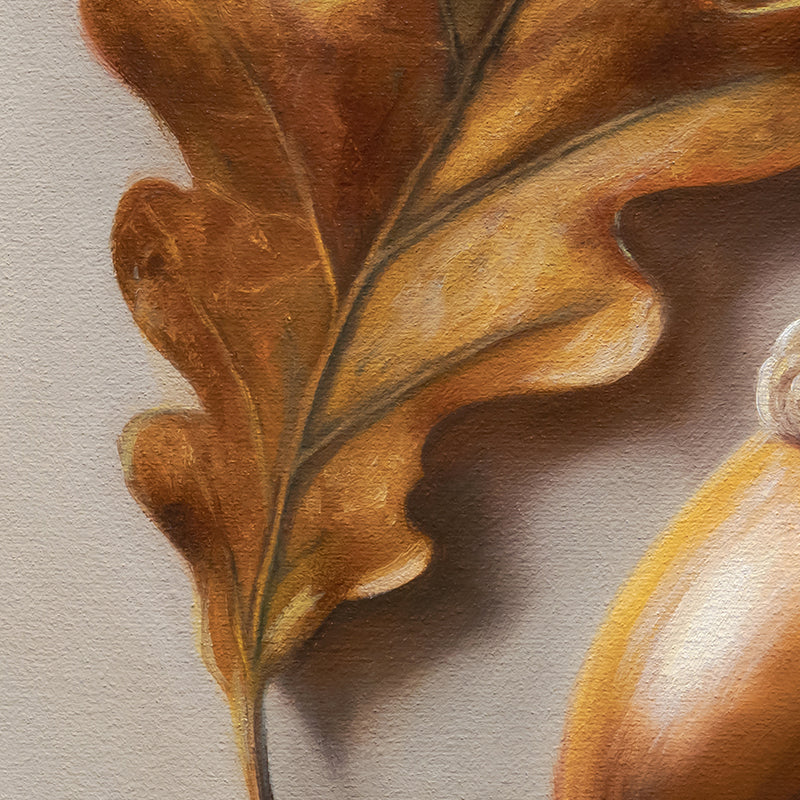 Acorn & Oak Leaf 8" x 8" Original Oil Painting by Lauren Pretorius: an oak leaf and acorn on a beige background