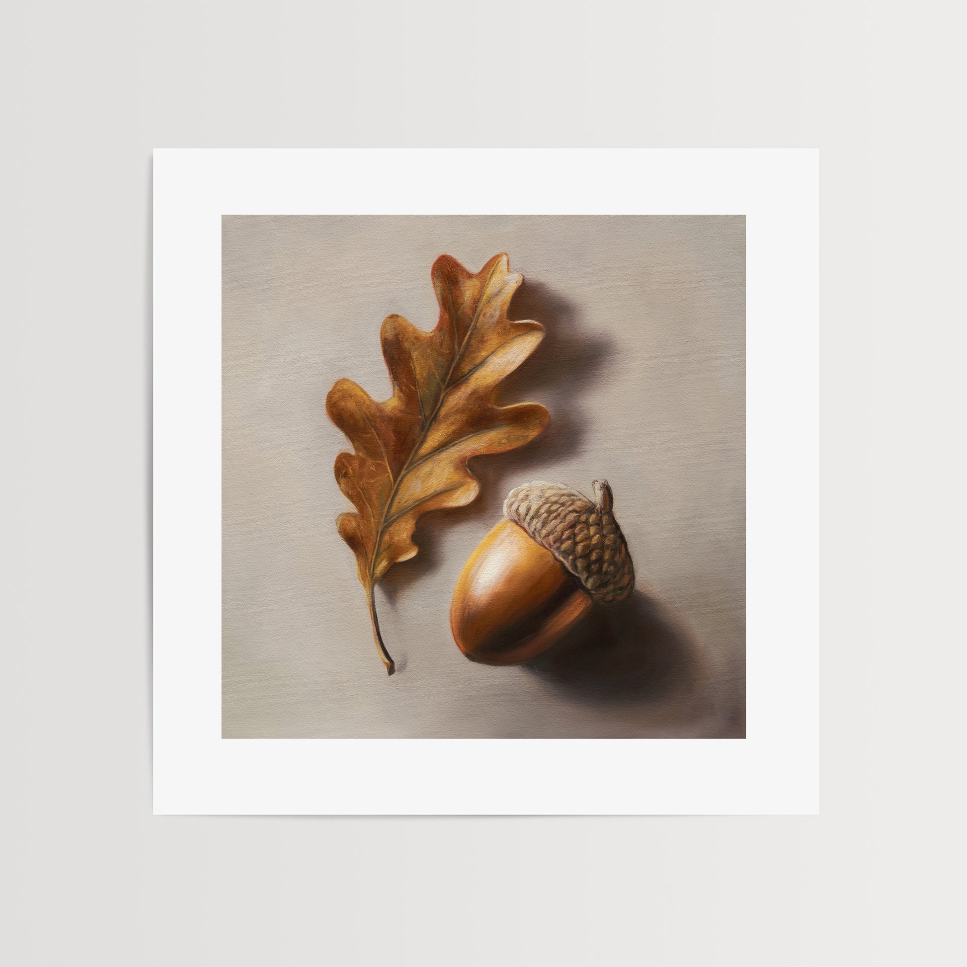 Acorn & Oak Leaf Fine Art Print by Lauren Pretorius: an oak leaf and acorn on a beige background