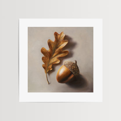Acorn & Oak Leaf Fine Art Print by Lauren Pretorius: an oak leaf and acorn on a beige background