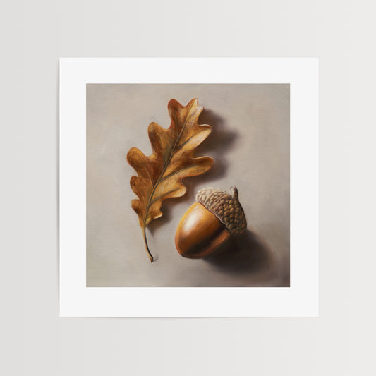 Acorn & Oak Leaf Fine Art Print by Lauren Pretorius: an oak leaf and acorn on a beige background