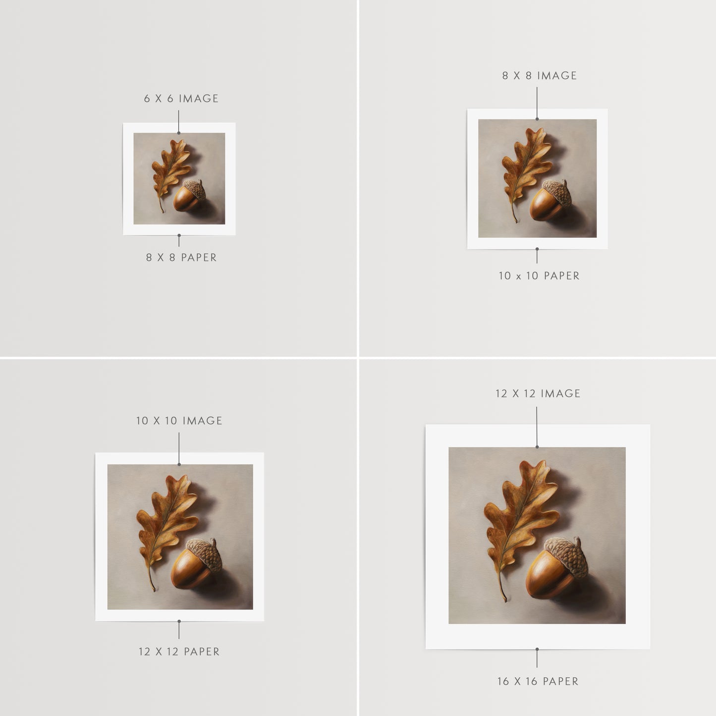 Acorn & Oak Leaf Fine Art Print by Lauren Pretorius: an oak leaf and acorn on a beige background