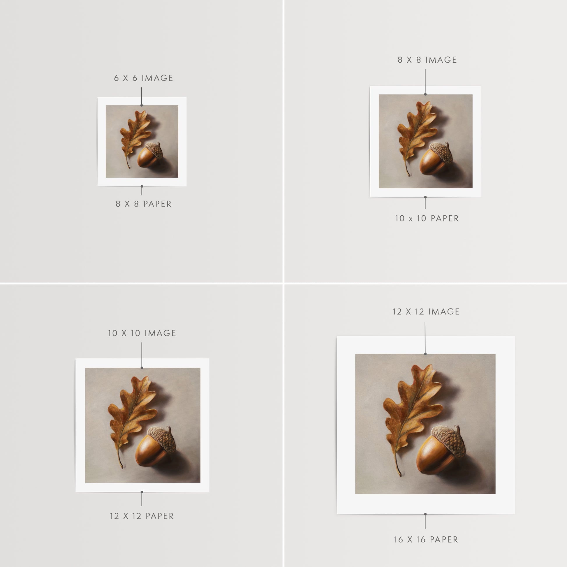 Acorn & Oak Leaf Fine Art Print by Lauren Pretorius: an oak leaf and acorn on a beige background