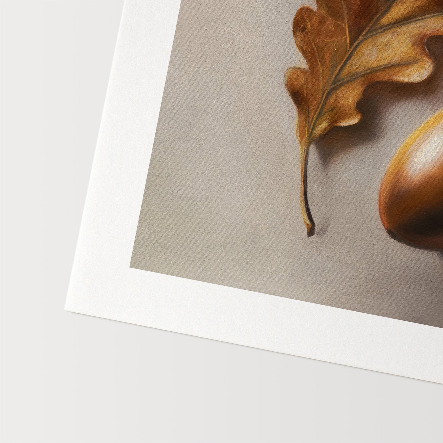 Acorn & Oak Leaf Fine Art Print by Lauren Pretorius: an oak leaf and acorn on a beige background