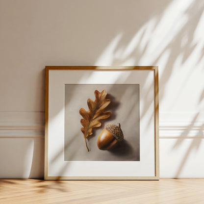 Acorn & Oak Leaf Fine Art Print by Lauren Pretorius: an oak leaf and acorn on a beige background