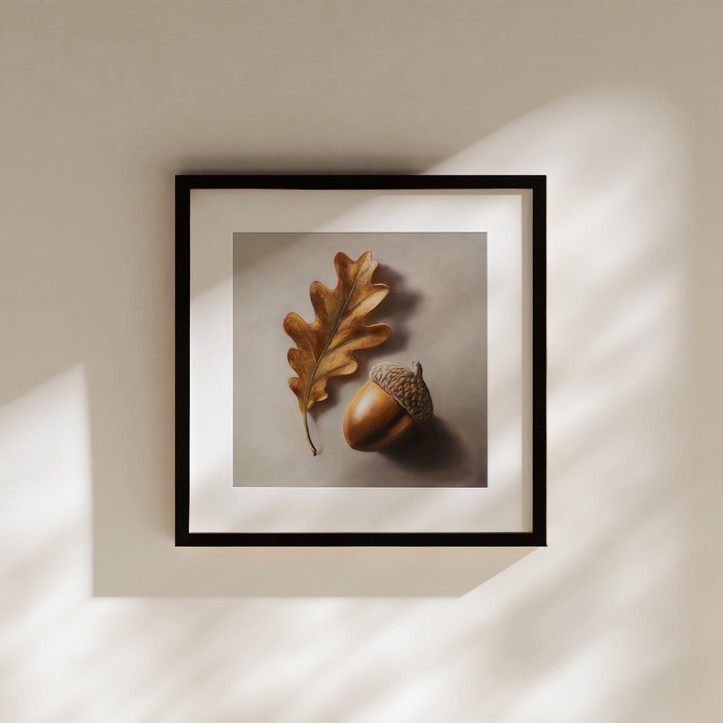 Acorn & Oak Leaf Fine Art Print by Lauren Pretorius: an oak leaf and acorn on a beige background