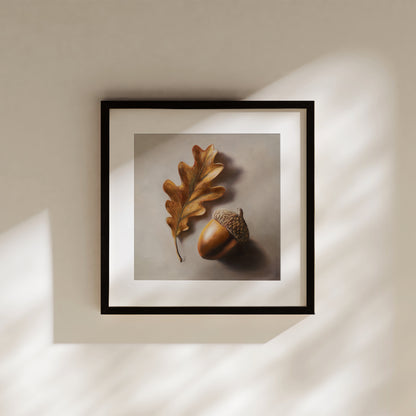 Acorn & Oak Leaf Fine Art Print by Lauren Pretorius: an oak leaf and acorn on a beige background