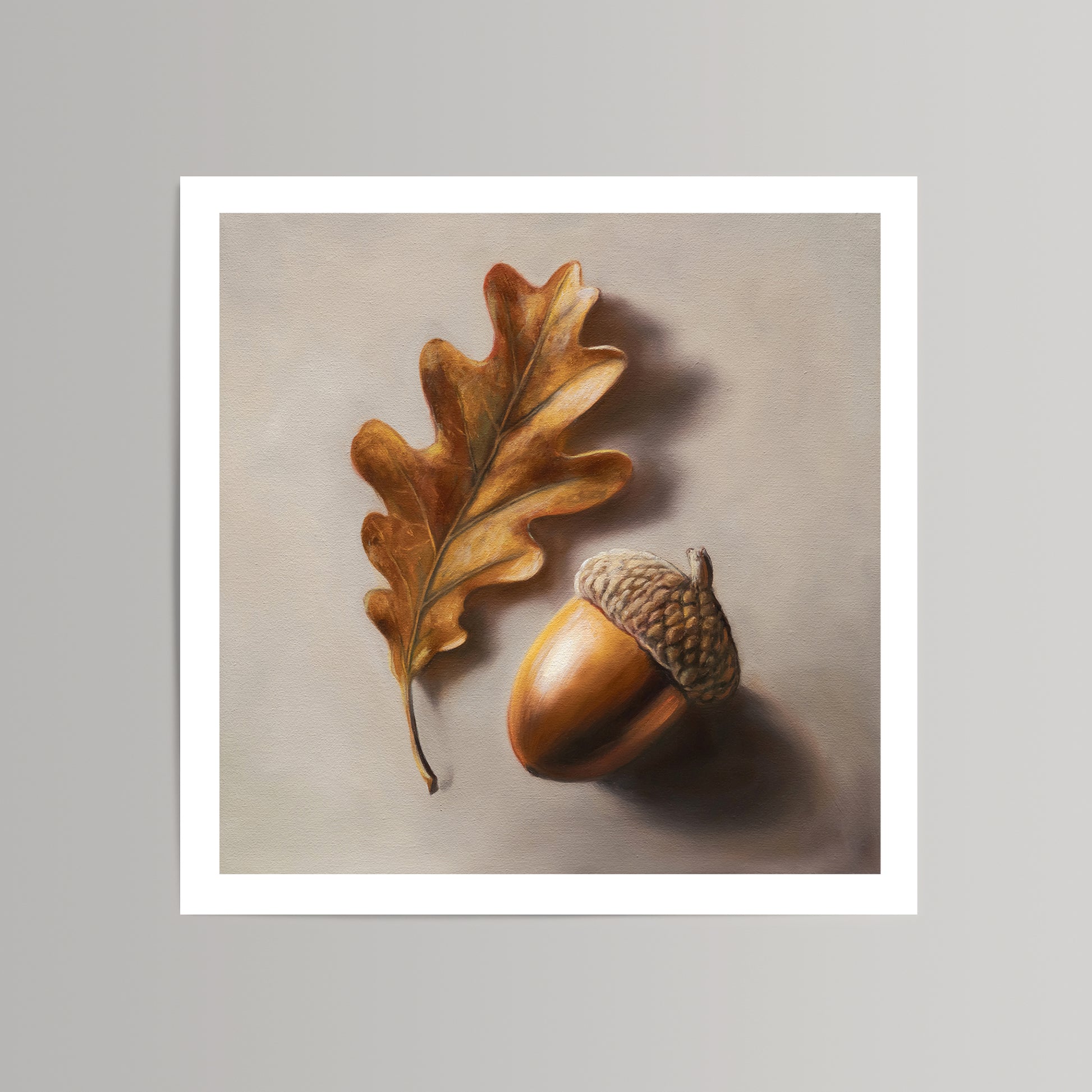 Brown oak leaf and acorn fine art print on museum-grade cotton rag paper.