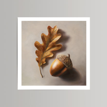 Brown oak leaf and acorn fine art print on museum-grade cotton rag paper.