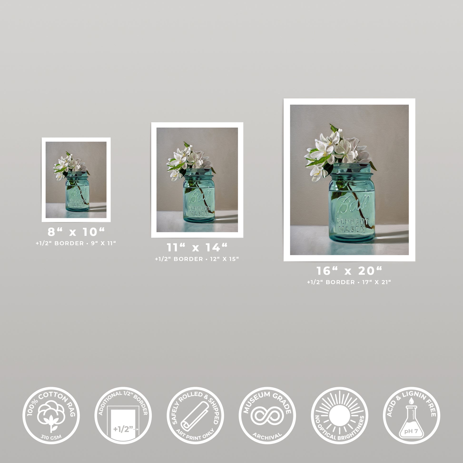 Three Apple Blossoms fine art prints in varying sizes, featuring white flowers in a blue mason jar.