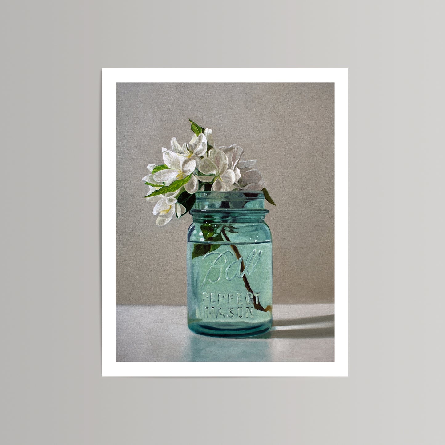 Fine art print of white apple blossoms in a vintage blue Ball Perfect Mason jar.