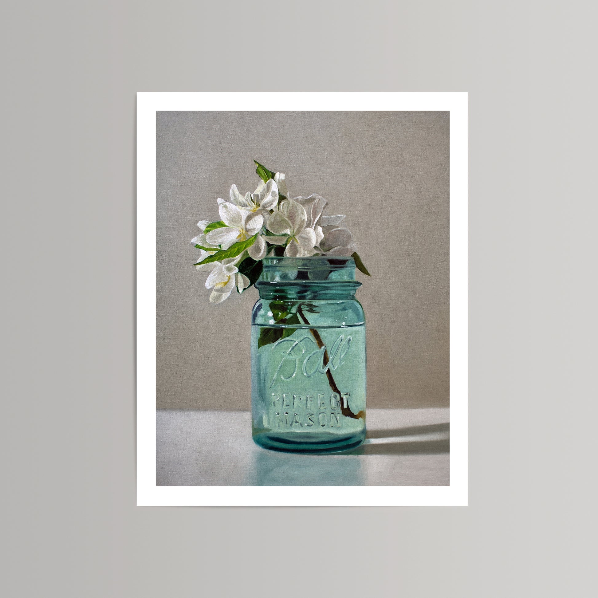 Fine art print of white apple blossoms in a vintage blue Ball Perfect Mason jar.