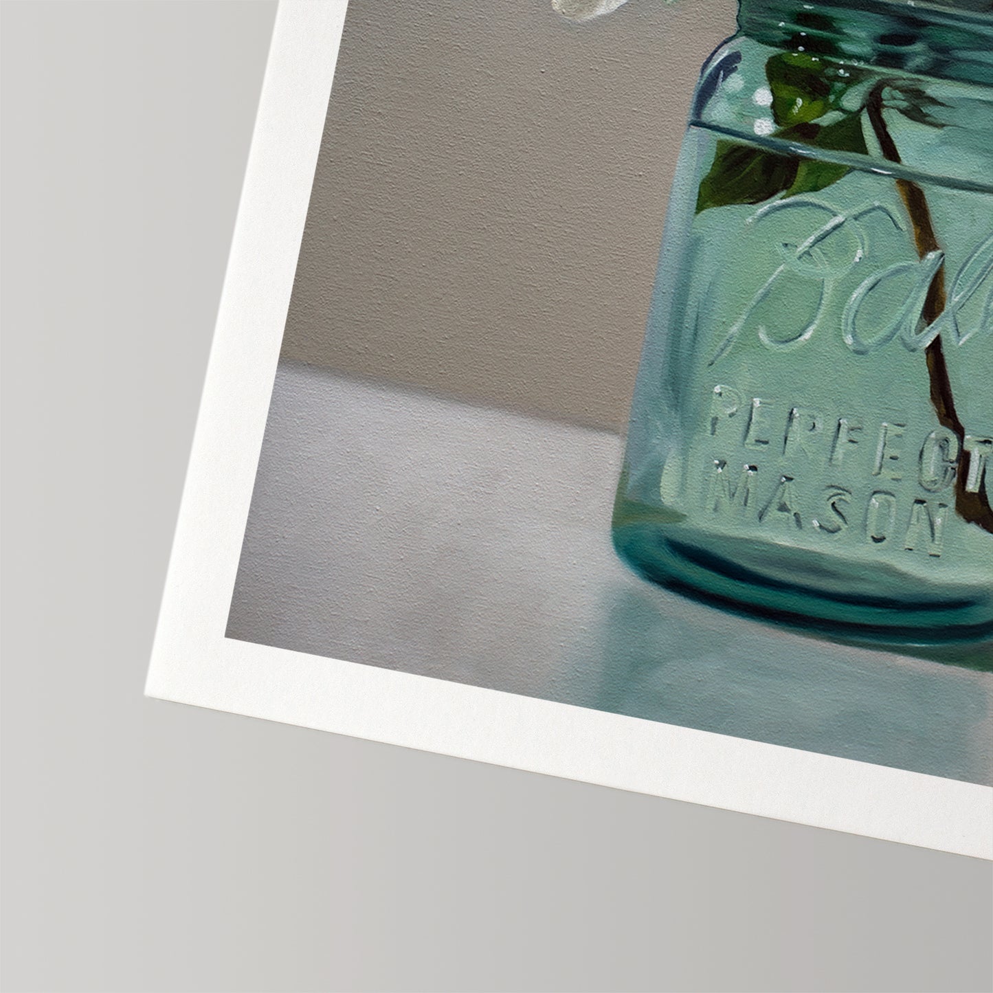 Fine art print of white apple blossoms in a vintage teal Ball Perfect Mason jar, with a white border.