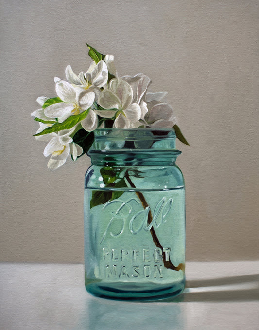 Still life painting of white apple blossoms in a vintage blue Ball Perfect Mason jar.