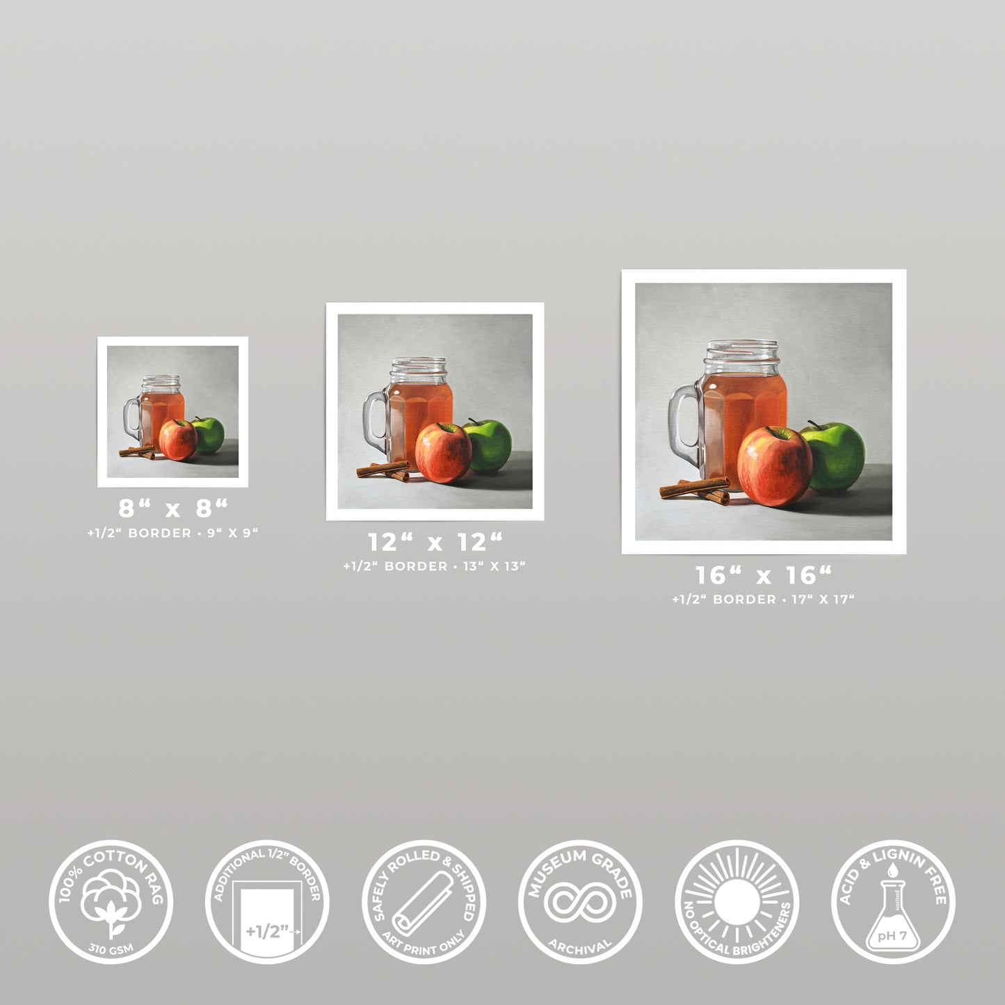 Still life art print of apple cider in a mason jar with green and red apples, and cinnamon sticks.