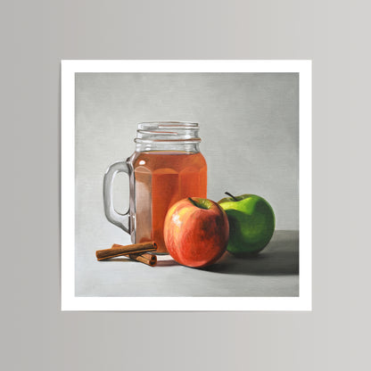 Fine art print of a glass mason jar filled with amber apple cider, two apples, and cinnamon sticks.