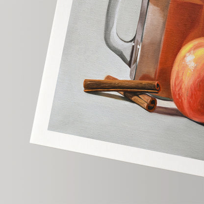 Fine art print of apple cider in a glass mug with cinnamon sticks and a red apple on cotton rag paper.